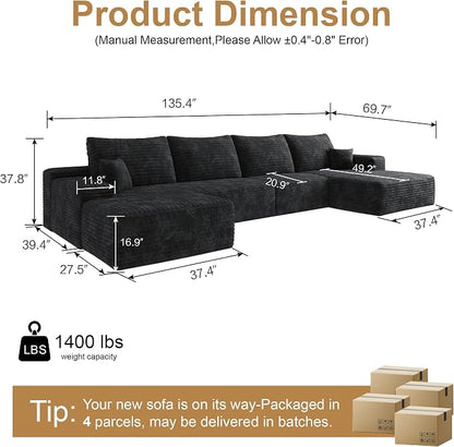 AUGOP 136" Sectional Couches for Living Room Modern Modular Sofa with L-Shape Couchs Upholstered Boneless Couch Deep Seat Sectional Couch with Chaise (Black, Right Facing Chaise+3Seaters+Ottoman)