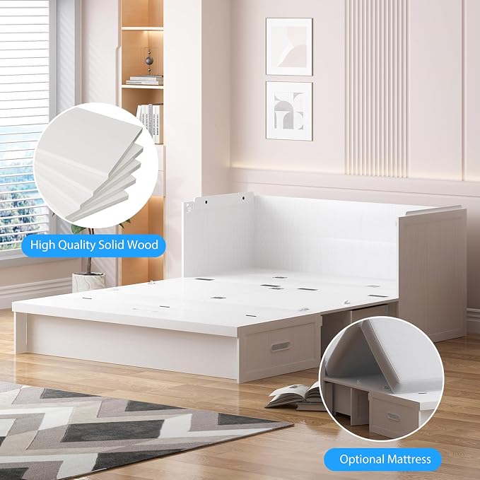 PUREMIND Murphy Bed Queen with Mattress Included, X-Farmhouse Frames Cabinet Beds Chest with Charging Station & Storage Drawers, Convertible Hideaway Cabinet Bed for Guest Room, White
