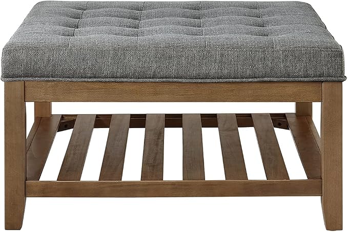 24KF Large Square Upholstered Tufted Linen Ottoman Coffee Table, Large Footrest Ottoman with Solid Wood Shelf-Granite