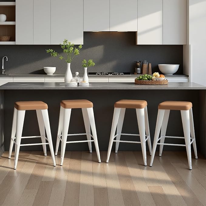 Bar Stools Set of 4, 26" Counter Height Bar Stools Backless, Upholstered Bar Stools with Brown Seat and White Metal Legs for Kitchen Island, Study Room, Cafe