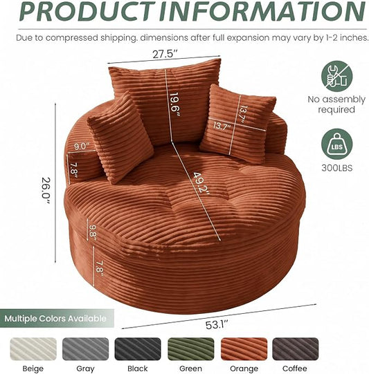 Oversized Round Chaise Lounge Chair, Deep Seat Cloud Boneless Floor Sofa Couch, Upholstered Corduroy Sleeper with 3 Pillows & Optional Ottoman, No Assembly Modern Lazy Floor Lounger for Living Room