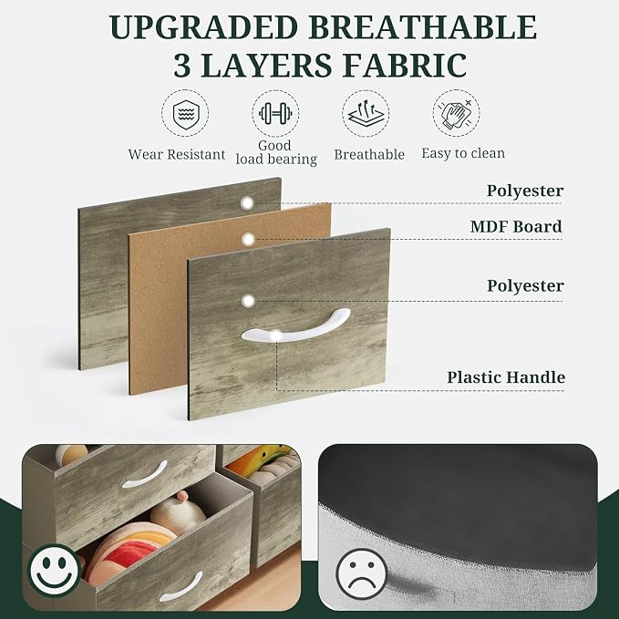 8-Drawer Dresser for Bedroom, Anti-Tip Tall Storage Organizer Chest of Drawers with Wooden Top and Metal Frame Fabric Bins for Closet, Living Room, Hallway, Entryway, Greige Oak