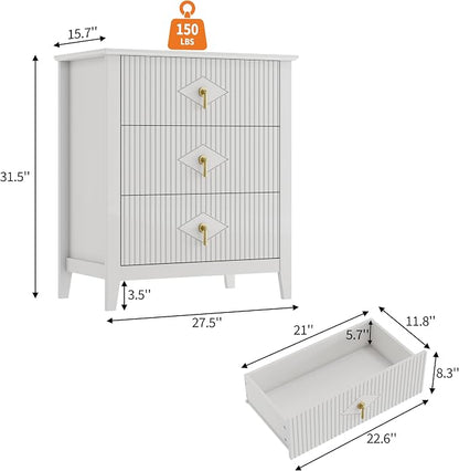 GarveeHome Wood Nightstand Fluted Dresser for Bedroom, 27.5" Wide 3-Drawer Bedside Tables, Modern Chest of Drawers, Storage End Table Living Room, Hallway, Entryway, White