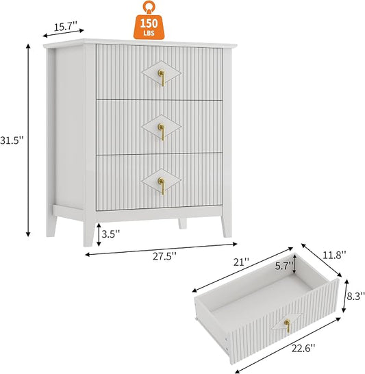 GarveeHome Wood Nightstand Fluted Dresser for Bedroom, 27.5" Wide 3-Drawer Bedside Tables, Modern Chest of Drawers, Storage End Table Living Room, Hallway, Entryway, White