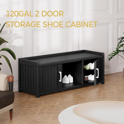 Storage Bench - Waterproof Resin Shoe Bench with Adjustable Shelves - Indoor & Outdoor Use, 2 Doors Entryway Bench with Hidden Storage Space - Storage Cabinet for Bedroom, Hallway, Black