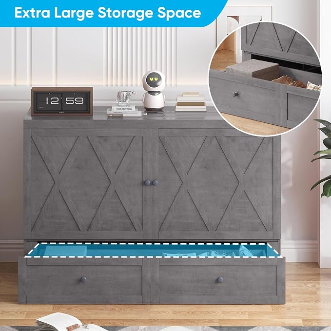 Mjkone Murphy Bed with Tri-Folding Mattress, Queen Hidden Cabinet Bed with Built-in USB Charging Station and 2 Storage Drawers, Foldable Wall Cabinet Beds for Living Room/Guest Room/Apartment, Gray