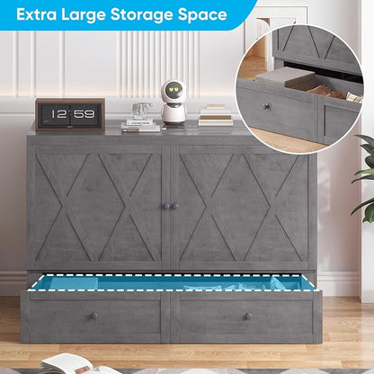 Mjkone Murphy Bed with Tri-Folding Mattress, Queen Hidden Cabinet Bed with Built-in USB Charging Station and 2 Storage Drawers, Foldable Wall Cabinet Beds for Living Room/Guest Room/Apartment, Gray