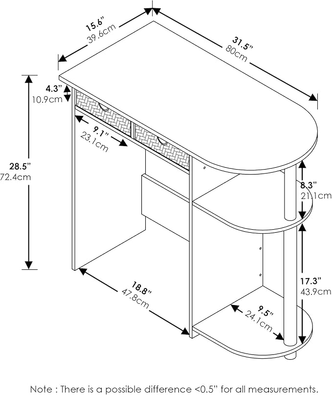 Furinno Go Green Desk, 31.5" Wide Gaming Desk with 2 Side Shelves and Storage Bins, Computer Desk, Office Desk for Home Office, Study Room, Dorm, Bedroom, Dark Walnut