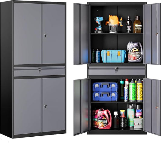 Metal Storage Cabinet with Doors and Shelves,Garage Storage Cabinets with Lock and Drawer,Metal Cabinet with Locking Doors,4 Door Steel Cabinet,71" Tall Lockable Cabinets for Garage,Home,Office
