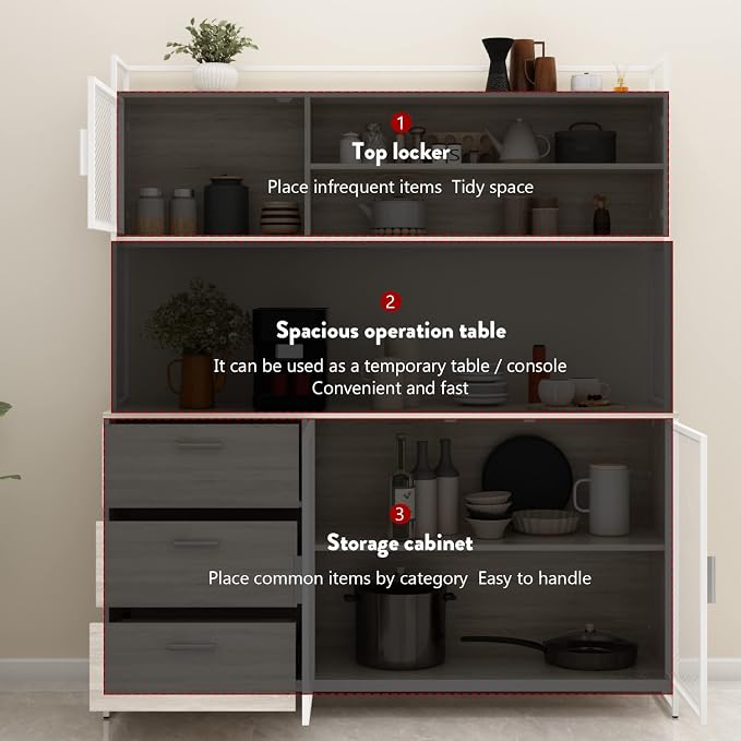 AIEGLE Large Kitchen Hutch Storage Cabinet, Pantry Cabinets with Hutch, Metal Frame Cupboard with Mesh Door, Drawer & Microwave Shelf, Freestanding Kitchen Storage, Beige (59" W x 15.7" D x 68.5" H)