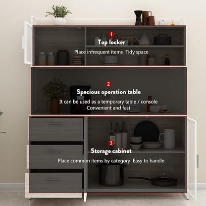 AIEGLE Large Kitchen Hutch Storage Cabinet, Pantry Cabinets with Hutch, Metal Frame Cupboard with Mesh Door, Drawer & Microwave Shelf, Freestanding Kitchen Storage, Beige (59" W x 15.7" D x 68.5" H)