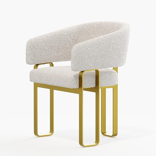 Dining Chair with Arms, Luxury Off White Boucle Barrel Dining Room Chair with Brushed Gold U-Shaped Legs for Kitchen, Bedroom, Makeup Room (1 PCS)