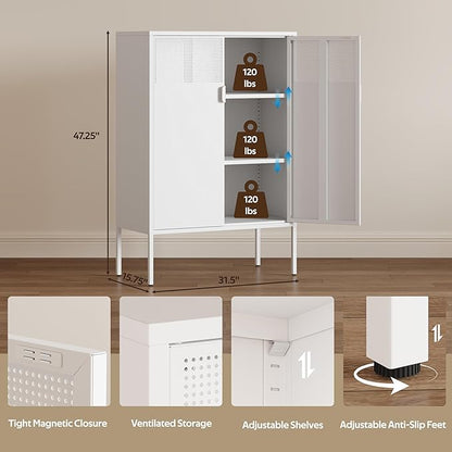 47''H White Metal Storage Cabinet with 2 Adjustable Shelves, 2 Door Accent Cabinet, 3-Tier Metal Locker with Vent Hole, TV Stand for Entryway, Home Office, Music Studio, Home Office