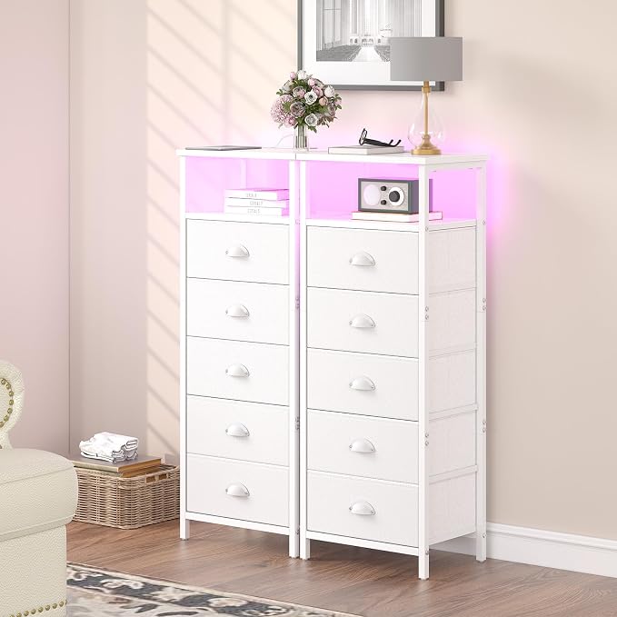 sthmec Nightstand with Charging Station,LED White Nightstands with 5 Fabric Drawers PU Finish, Bedside End Tables, 2-Tier Open Storage Shelf Side Table Nightstand with Drawers for Bedroom,White