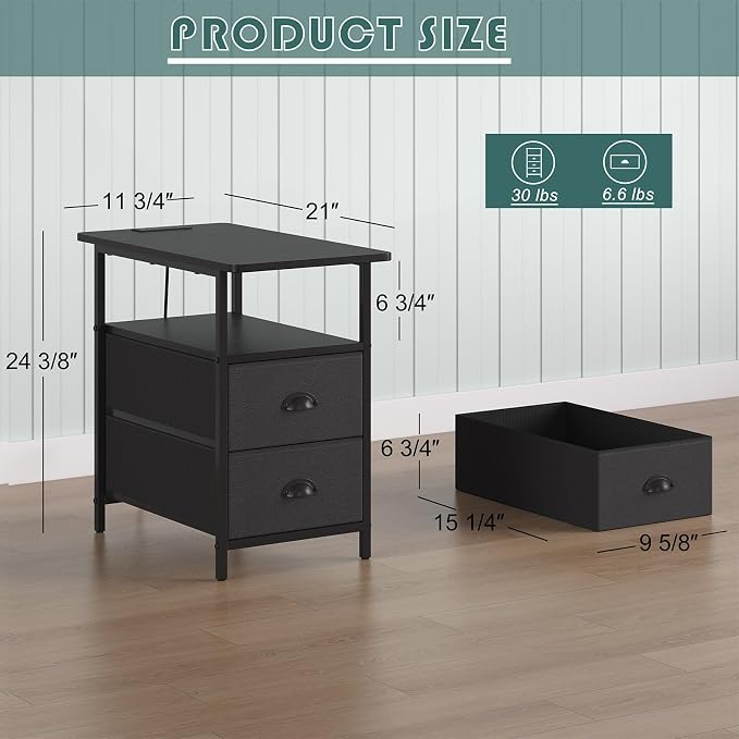sthmec End Table with Charging Station, Narrow Side Table with 2 Drawers, Nightstands with Drawers, USB Ports & Power Oulets,Slim Sofa Side Tables for Small Spaces,Living Room,Bedroom,Black
