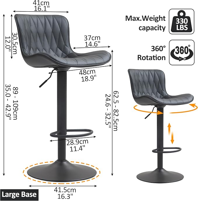 Finnhomy Bar Stools Set of 2, Modern 360° Swivel Faux Leather Bar Stools, 24"-32.5" Seat Height with Back, 330 lbs Capacity, SGS Gas Lift, Upholstered Kitchen Chairs for Kitchen Island, Black