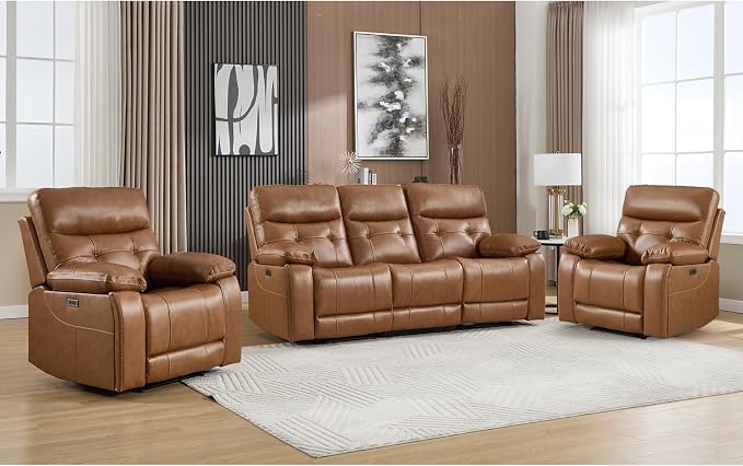 CANMOV Genuine Leather Power Recliner Sofa Set,Two Power Recliner Chair and Sofa Set, 3 Pieces Leather Couch with Hidden Cup Holders, USB Ports, for Living Room, Brown