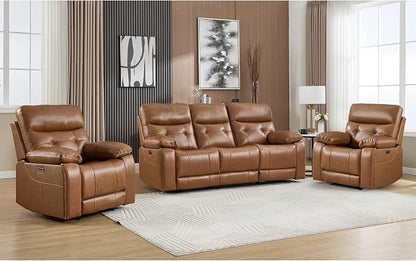 CANMOV Genuine Leather Power Recliner Sofa Set,Two Power Recliner Chair and Sofa Set, 3 Pieces Leather Couch with Hidden Cup Holders, USB Ports, for Living Room, Brown