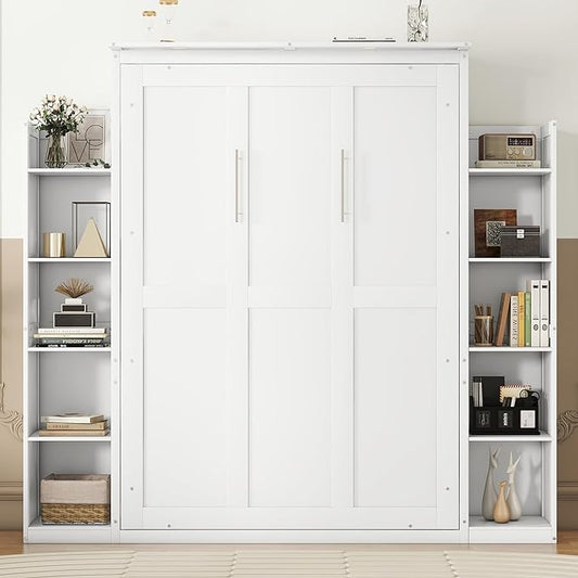 MERITLINE Full Murphy Bed Kit with Storage 8 Shelves and LED Lights, Wood Murphy Bed Cabinet Murphy Bed in a Cabinet White Murphy Wall Bed Units Full Size, LP00069