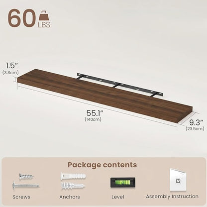 Vivelove Walnut Floating Shelves 55 Inches Long, Wall Display Shelves with Invisible Brackets, for Bathroom Living Room Kitchen Bedroom Office Farmhouse Home Decor, 55x9.3X 1.5 - Set of 2, Walnut