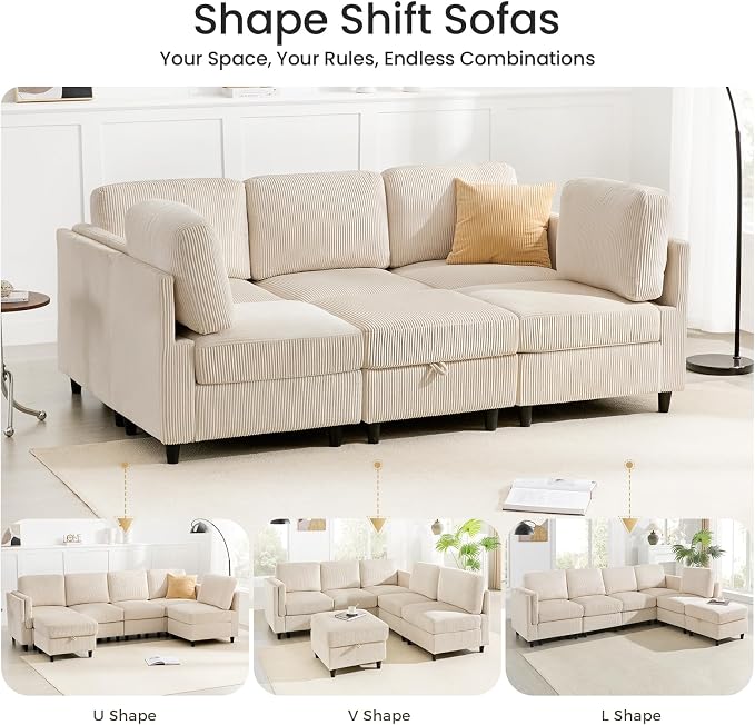 KKL Modular 83'' 6 Seater Sofa Bed - Sectional Sofa with Storage Ottoman, Convertible U/L -Shaped Sleeper Couch for Living Room, Modern Reversible Design, Beige