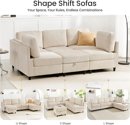 KKL Modular 83'' 6 Seater Sofa Bed - Sectional Sofa with Storage Ottoman, Convertible U/L -Shaped Sleeper Couch for Living Room, Modern Reversible Design, Beige