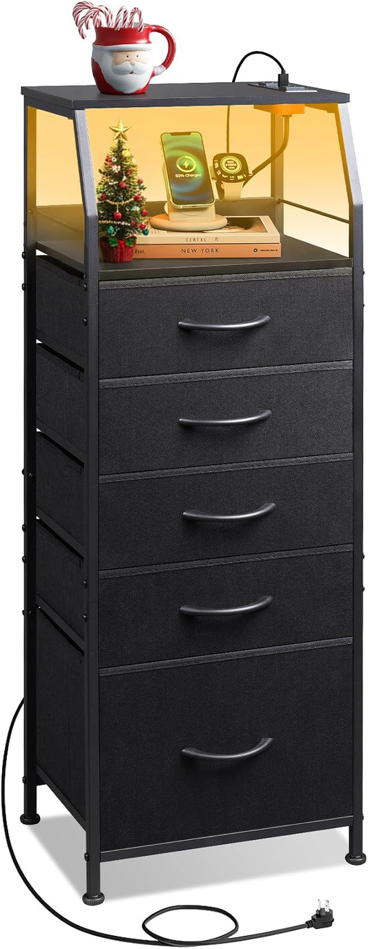WLIVE LED Nightstand with Charging Station, Fabric Dresser with 5 Drawers for Bedroom, Tall Night Stand with Open Shelves, Bed Side Tables Living Room, Black