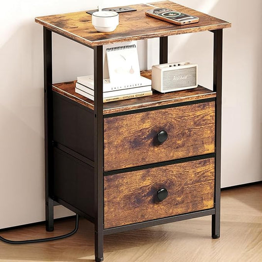 Nightstand with Charging Station, Bedside End Table with 2 Fabric Drawers for Bedroom, Side Table with USB Ports and Outlets, Rustic Brown
