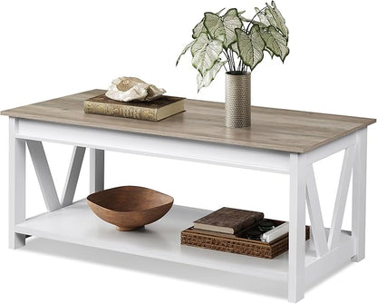 WLIVE Coffee Table, 43" Farmhouse Coffee Table with Storage Shelf & Sturdy V-Shaped Support, Wood Center Table for Living Room, Bedroom, Office and Balcony, White