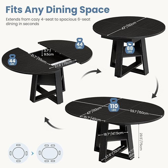 DUMOS Extendable Round Dining Table for 4-6, Modern Kitchen Oval Dinner Table with Storage Shelf, Wood Pedestal Base, Space Saving Modern Style, Black