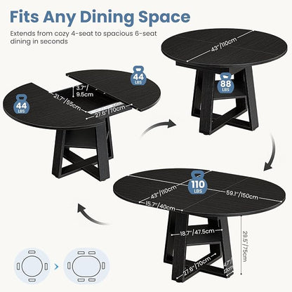 DUMOS Extendable Round Dining Table for 4-6, Modern Kitchen Oval Dinner Table with Storage Shelf, Wood Pedestal Base, Space Saving Modern Style, Black