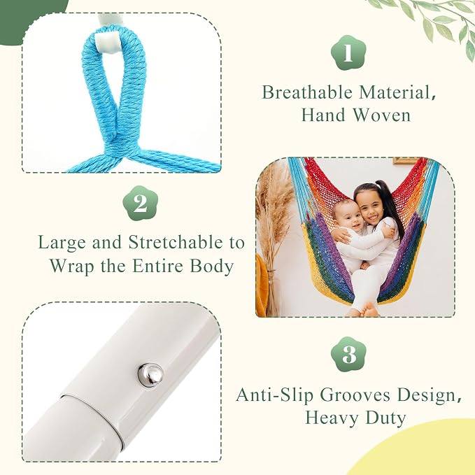 Barydat 2 Pcs Hanging Hammock Chair Boho Swing Chair Outdoor Indoor Comfy Soft Cotton Rope Weaving with 40 Inch Detachable Metal Bars for Backyard Living Room Garden, 270lb Capacity (Rainbow Color)