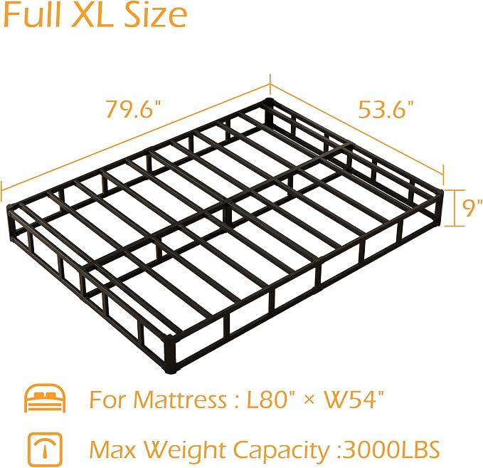 Maenizi 9 Inch Full XL Box Spring, Heavy Duty Metal Box Spring Bed Base with Fabric Cover, Mattress Foundation, Easy Assembly, Noise Free, Black