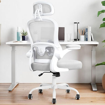 Ergonomic Office Chair,Ultra Thick Spring Cushion Desk Chair,Grey | Adjustable Lumbar Support and Headrest,Flip-up Arms,Rocking Function,Mesh Home Office Computer Chair