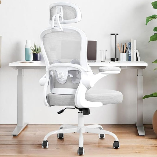 Ergonomic Office Chair,Ultra Thick Spring Cushion Desk Chair,Grey | Adjustable Lumbar Support and Headrest,Flip-up Arms,Rocking Function,Mesh Home Office Computer Chair
