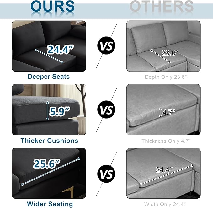 VINGLI 110" Modern Sectional Couch with 51" D Double Chaise, Black Deep Seat U Shaped Couch with Removable Pillows & Metal Legs, Comfy 4-Seat Sofas for Living Room, Linen Fabric