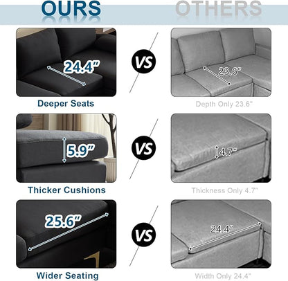 VINGLI 110" Modern Sectional Couch with 51" D Double Chaise, Black Deep Seat U Shaped Couch with Removable Pillows & Metal Legs, Comfy 4-Seat Sofas for Living Room, Linen Fabric