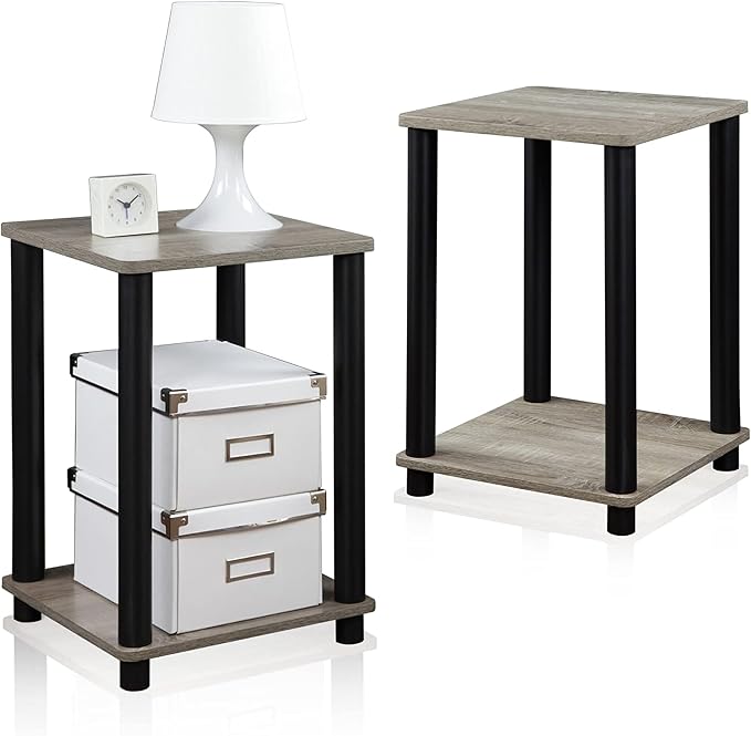 Furinno Turn-N-Tube Night Stand Set of 2, 2-Tier Nightstand, French Oak | Stackable, Open Shelf, Toolless Bedside Table, Side Table, End Table for Living Room, Bedroom