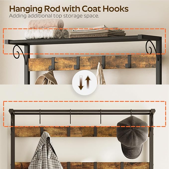 YATINEY Coat Rack Shoe Bench, 4-in-1 Hall Tree with Storage Shelves and Hanging Rod, Entryway Storage Organizer with 8 Movable Hooks, for Entryway, Hallway, Corridor, Rustic Brown and Black MT12BR