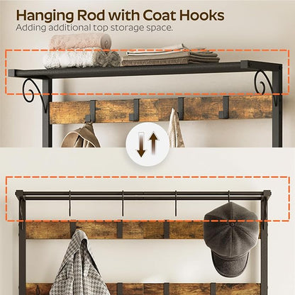 YATINEY Coat Rack Shoe Bench, 4-in-1 Hall Tree with Storage Shelves and Hanging Rod, Entryway Storage Organizer with 8 Movable Hooks, for Entryway, Hallway, Corridor, Rustic Brown and Black MT12BR