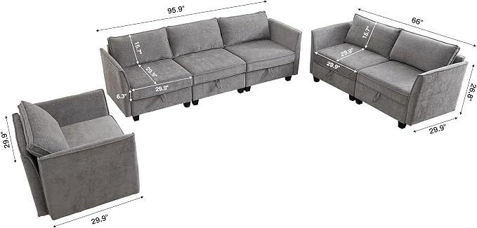ORRD 3 Piece Modular Sectional Sofa Set, Convertible Couch with Storage, Sofa Modular for Living Room, Office (Grey)