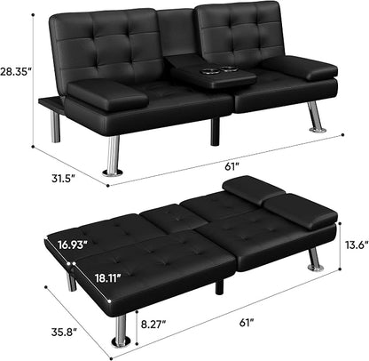 Flamaker Futon Sofa Bed Modern Folding Futon Set Convertible Recliner Lounge for Living Room with 2 Cup Holders, Removable Armrests (PU Leather, Black)