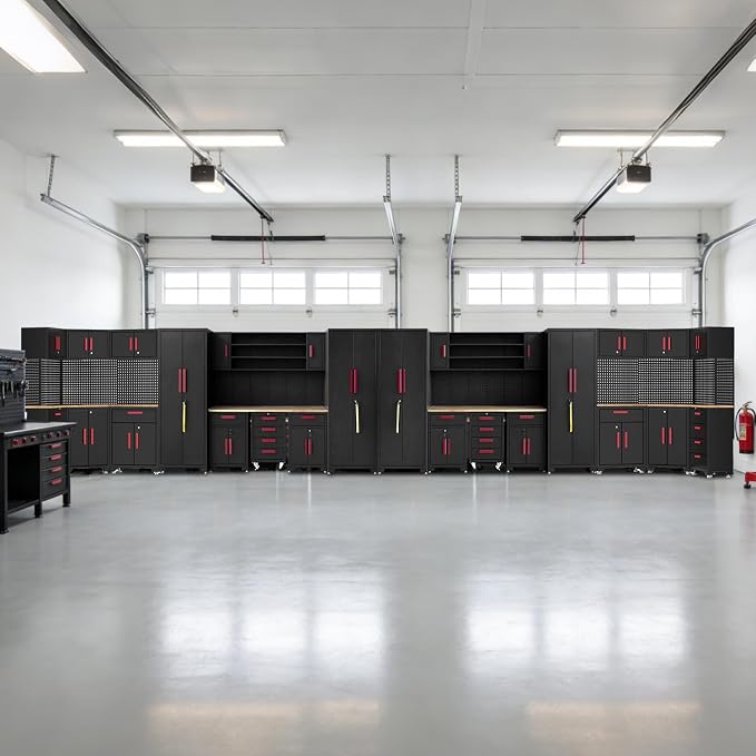 35PCS Garage Storage Cabinet System, Garage Cabinets and Storage System Corner Workshop Set with Corner Cabinet,Cabinet Drawers, Workbench, Pegboard for Tool Organization, Black Red
