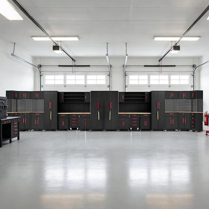 35PCS Garage Storage Cabinet System, Garage Cabinets and Storage System Corner Workshop Set with Corner Cabinet,Cabinet Drawers, Workbench, Pegboard for Tool Organization, Black Red