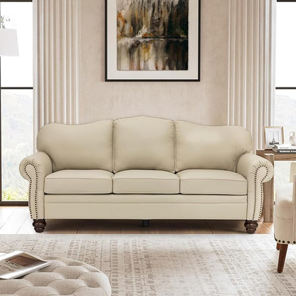 81" Genuine Leather Sofa, Classic 3-Seater Couchs with Wood Legs, Stylish & Comfortable Sofa for Living Room or Office, Easy Assembly Maintain & Long-Lasting, Beige