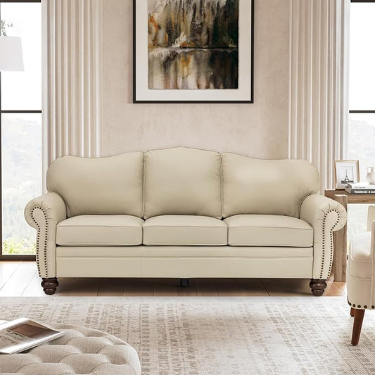 81" Genuine Leather Sofa, Classic 3-Seater Couchs with Wood Legs, Stylish & Comfortable Sofa for Living Room or Office, Easy Assembly Maintain & Long-Lasting, Beige