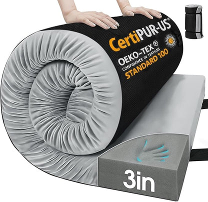 CYMULA 3 Inch Memory Foam Camping Pad, Camping Essentials Roll Up Floor Mat for Car Camping, Cot, Tent, Truck, Travel and Guest Use, Non-Slip Waterproof Bottom, Removable Cover