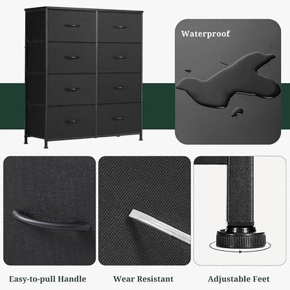 8-Drawer Dresser for Bedroom, Anti-Tip Tall Storage Organizer Chest of Drawers with Wooden Top and Metal Frame Fabric Bins for Closet, Living Room, Hallway, Entryway, Black
