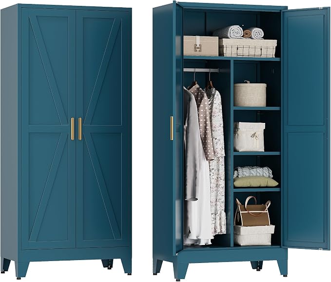 YAUWOH Farmhouse Wardrobe Cabinet,Metal Wardrobe Closet with Hanging Rod,Metal Armoire with Adjustable Shelves for Bedroom,Cloak Room,Office (Blue)