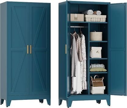 YAUWOH Farmhouse Wardrobe Cabinet,Metal Wardrobe Closet with Hanging Rod,Metal Armoire with Adjustable Shelves for Bedroom,Cloak Room,Office (Blue)
